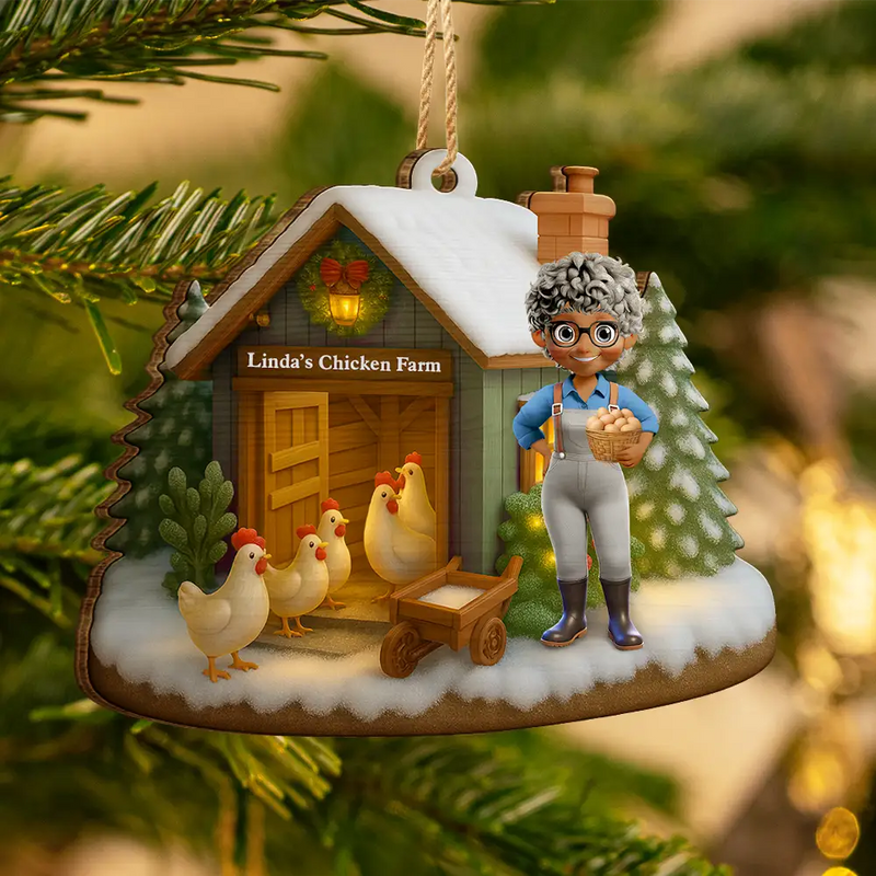 Farm,Gift For Yourself,Christmas,Gift For Women,Gift For Men,Happy - 3D Effect Christmas Chicken Farm - Personalized Custom Shaped Wooden Ornament