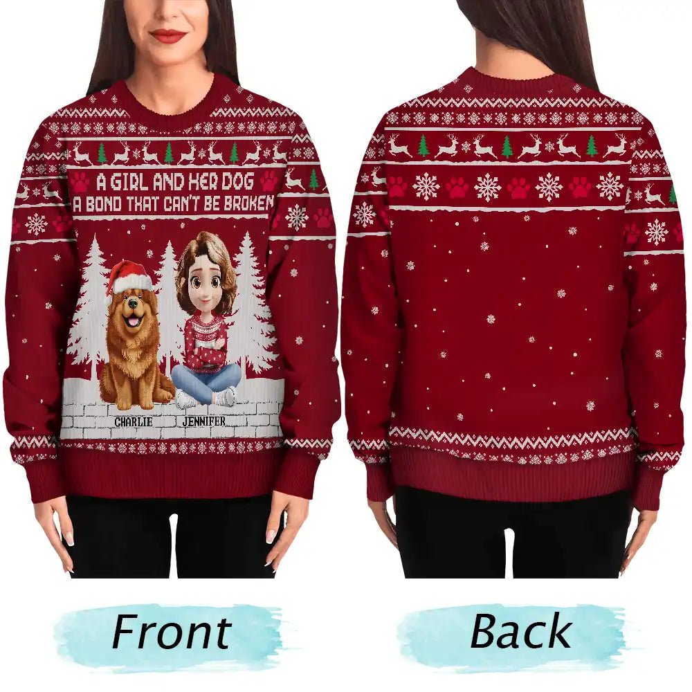 Pet Lovers,Pet Mom,Pet Dad,Dog Lovers,Dog Mom,Dog Dad,Christmas,Happy, - 3D Effect A Girl And Her Dog - Personalized Unisex Ugly Sweater