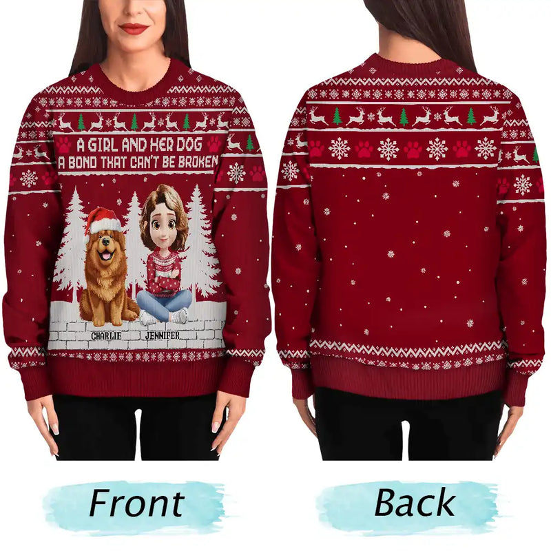 Pet Lovers,Pet Mom,Pet Dad,Dog Lovers,Dog Mom,Dog Dad,Christmas,Happy, - 3D Effect A Girl And Her Dog - Personalized Unisex Ugly Sweater