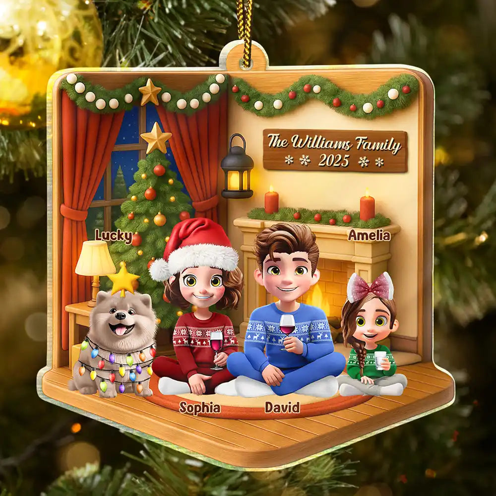 Gift For Couples,Gift For Husband,Gift For Wife,Pet Lovers,Pet Couple,Dog Lovers,Dog Couple,Christmas,Happy,Non-Eng - 3D Effect Christmas Family - Personalized Custom Shaped Acrylic Ornament