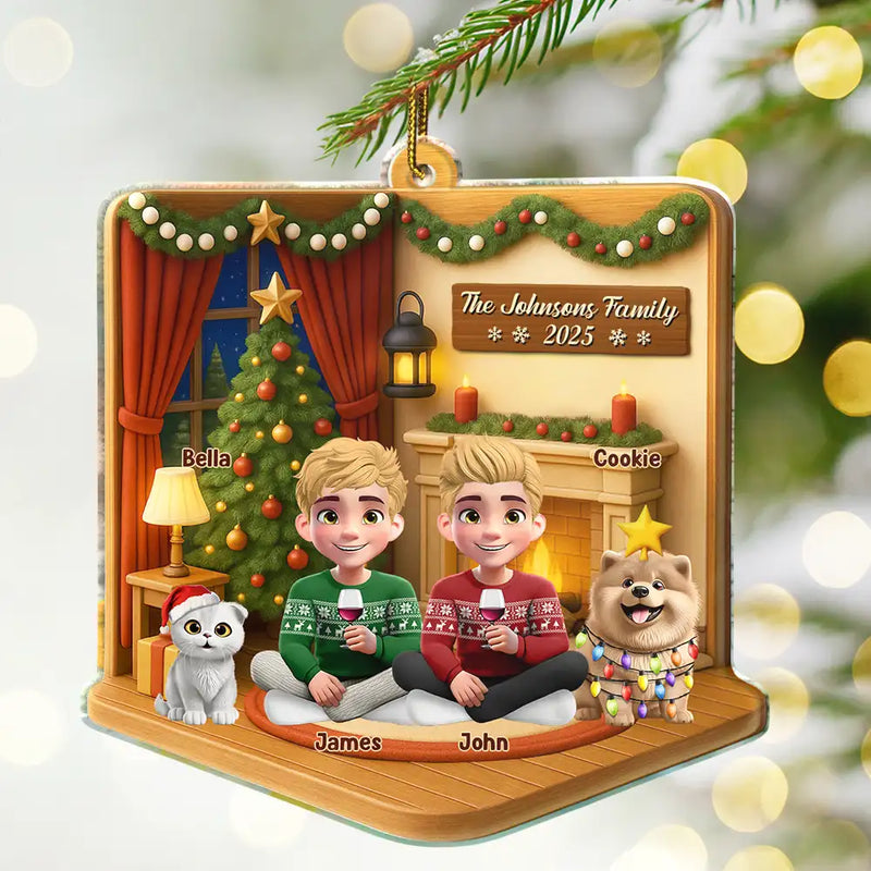 Gift For Couples,Gift For Husband,Gift For Wife,Pet Lovers,Pet Couple,Dog Lovers,Dog Couple,Christmas,Happy,Non-Eng - 3D Effect Christmas Family - Personalized Custom Shaped Acrylic Ornament