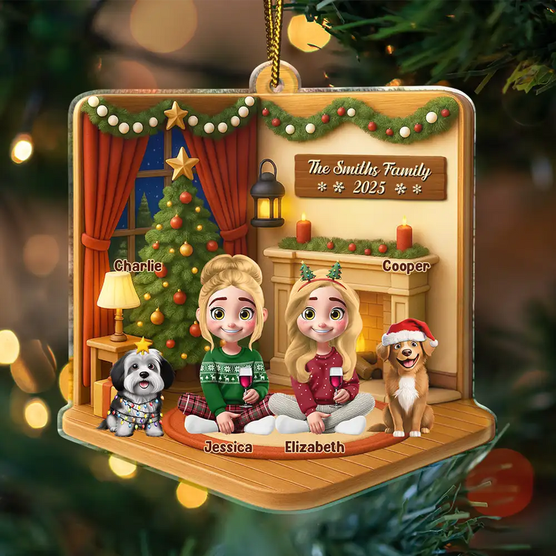 Gift For Couples,Gift For Husband,Gift For Wife,Pet Lovers,Pet Couple,Dog Lovers,Dog Couple,Christmas,Happy,Non-Eng - 3D Effect Christmas Family - Personalized Custom Shaped Acrylic Ornament