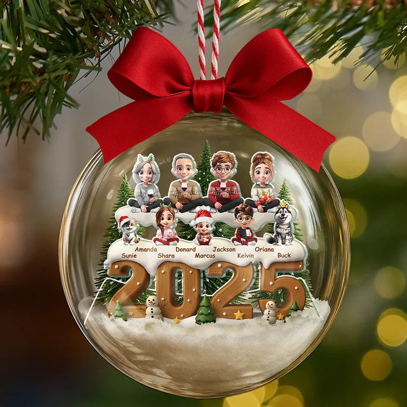 Family,Gift For Couples,Dog Couple,Cat Couple,Pet Couple,Old Couples,LGBT,Single Mom,Single Dad,Happy - 3D Effect Christmas Family And Dog Cat - Personalized 3D Acrylic Ball Ornament