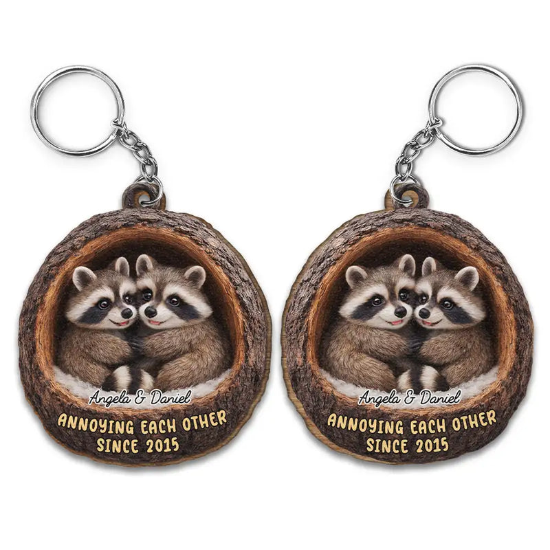 Gift For Couples,Gift For Women,Gift For Men,Gift For Boyfriend,Gift For Girlfriend,Gift For Wife,Gift For Husband,Funny,Love - 3D Effect Couple Raccoon Annoying Each Other - Personalized Wooden Keychain