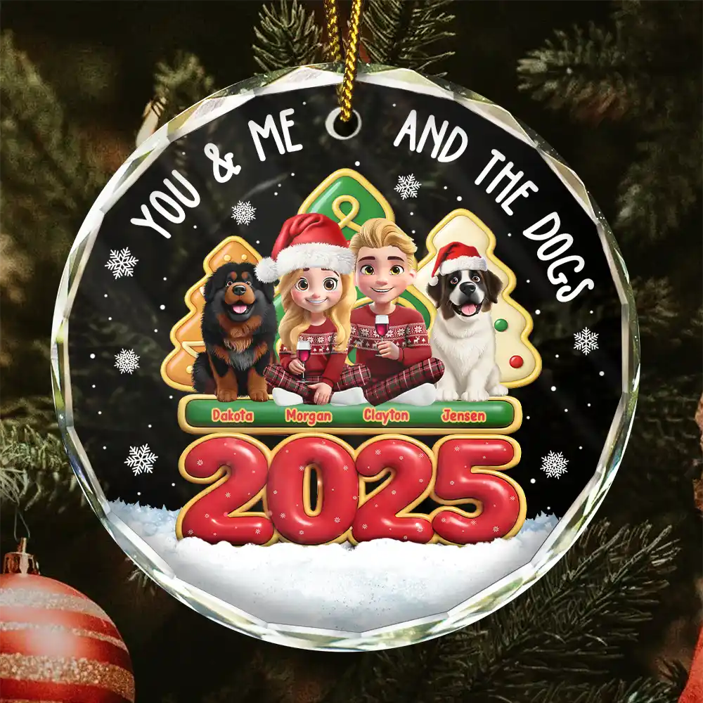 Christmas, Gift For Couples, Dog Couple, Happy, Dog Lovers - 3D Effect Couple You And Me And The Dogs - Personalized Circle Glass Ornament