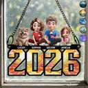 Family, Parents, Gift For Grandparents, Happy - 3D Effect Family And Dog Cat - Personalized Window Hanging Suncatcher Ornament