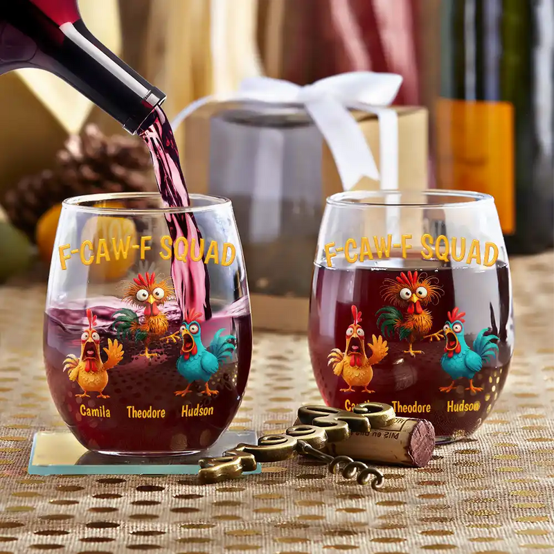 Funny,Gift For Yourself,Gift For Women,Gift For Men,Farm,Gifts For Colleagues,Gift For Bestie - 3D Effect Funny Chickens F-CAW-F Squad - Personalized Stemless Wine Glass