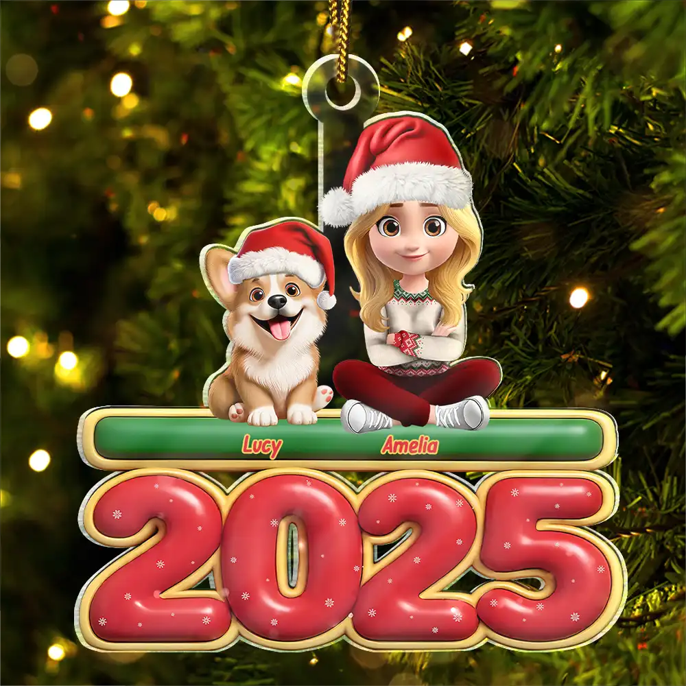 Christmas,Pet Lovers,Pet Mom,Pet Dad,Dog Lovers,Dog Mom,Dog Dad,Happy - 3D Effect Woman Man With Dogs Christmas - Personalized Custom Shaped Acrylic Ornament