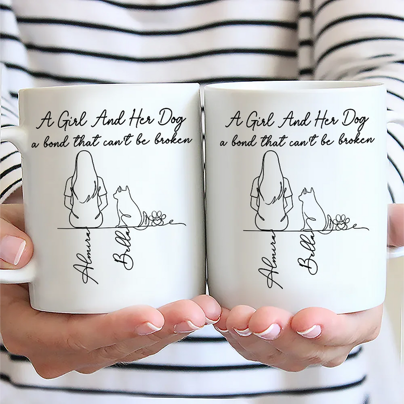 Pet Lovers,Pet Mom,Pet Dad,Dog Lovers,Dog Mom,Dog Dad,Happy - A Bond That Can't Be Broken Woman Man Line Art - Personalized Mug