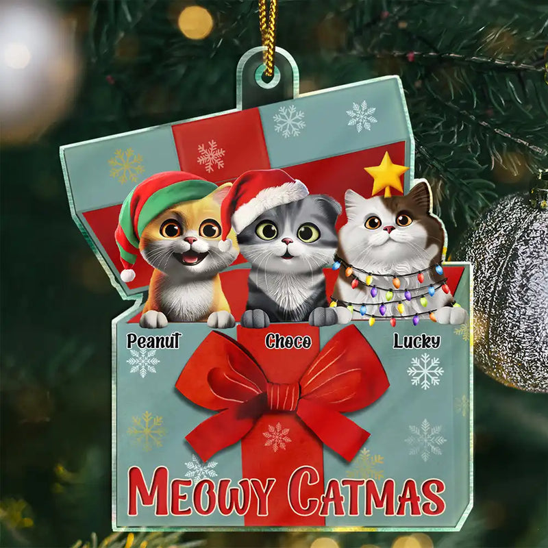 Cat Lovers,Cat Mom,Cat Dad,Happy,Christmas - A Gift Box Of Cat 3D Effect Cats Meowy Catmas - Personalized Custom Shaped Acrylic Ornament