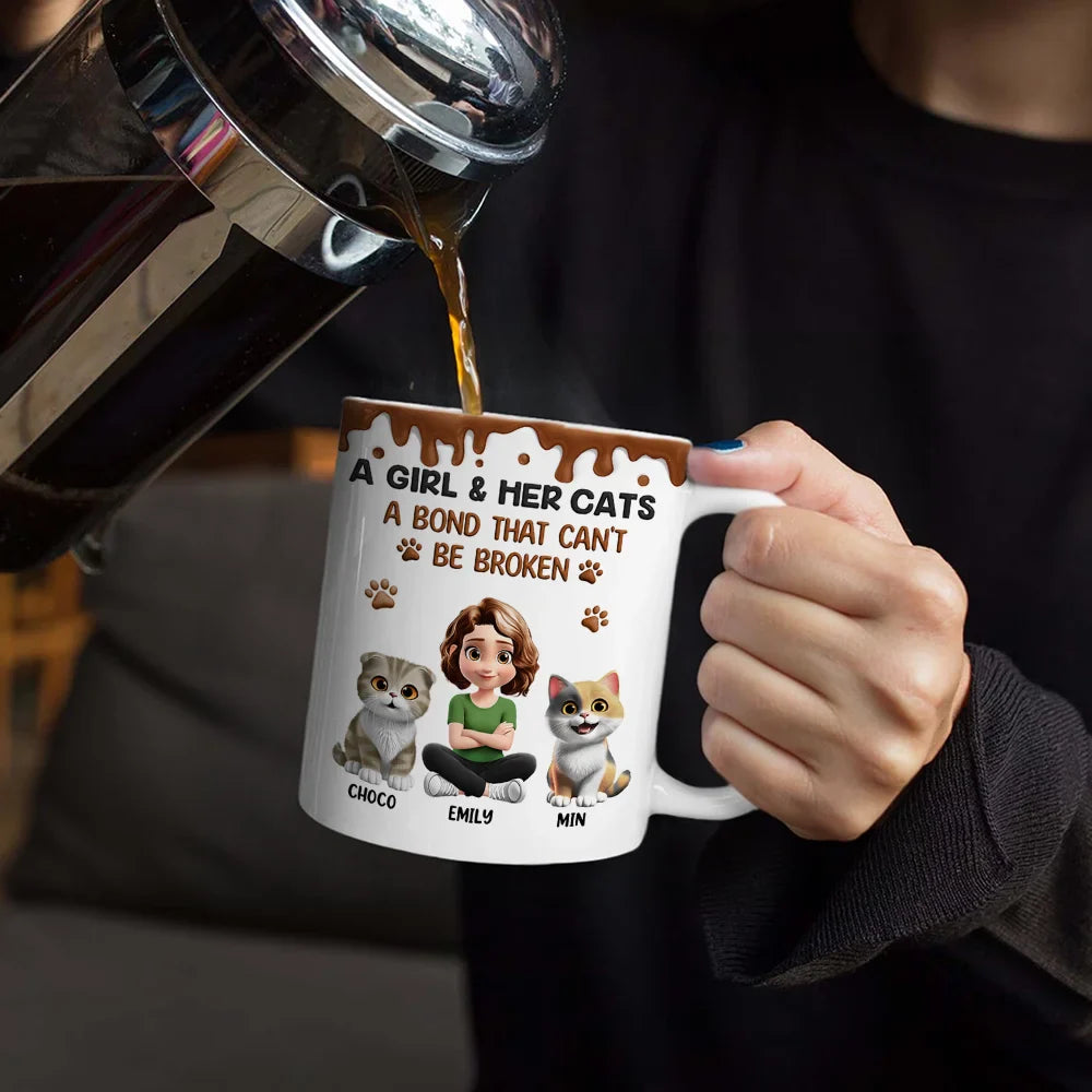 Cat Lovers, Cat Mom, Cat Dad, Pet Lovers, Happy - A Girl And Her Cat A Bond That Can't Be Broken - Personalized White Edge-to-Edge Mug