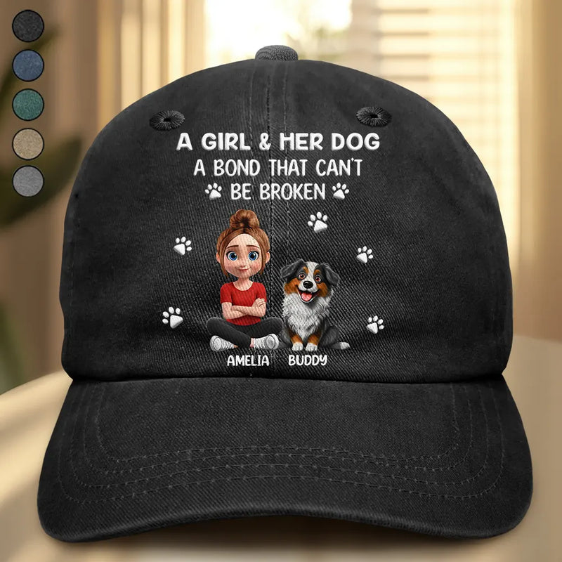 Dog Lovers,Dog Mom,Dog Dad,Pet Lovers,Happy - A Girl And Her Dog A Bond That Can't Be Broken - Personalized Vintage Washed Denim Cap