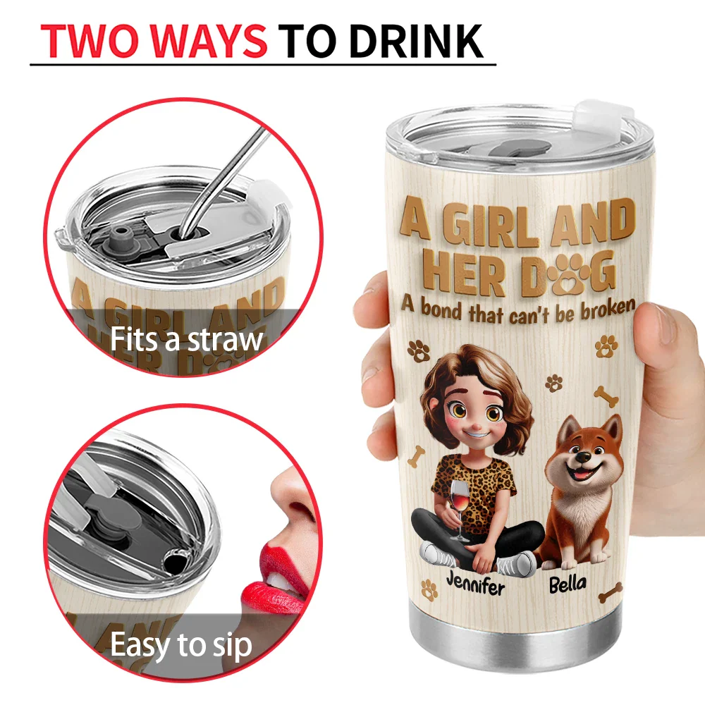 Dog Lovers,Dog Mom,Pet Lovers,Pet Mom,Happy - A Girl And Her Dog Wooden 3D Effect - Personalized Tumbler