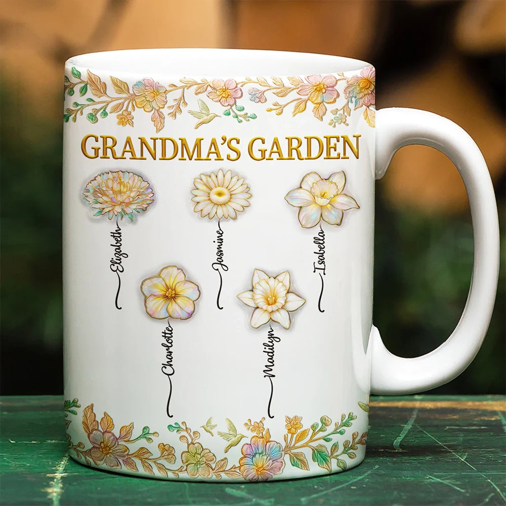 Gift For Grandma,Gift For Wife,Gift For Women,Gift For Mother,Happy - Grandma's Garden Nacre Effect Birth Flower - Personalized White Edge-to-Edge Mug