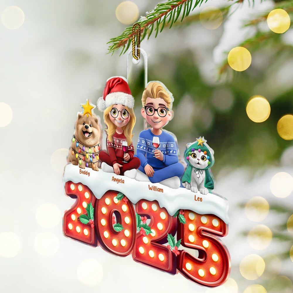 Christmas,Family,Pet Lovers,Happy - Christmas Family Dogs & Cats Sitting Marquee Effect - Personalized Custom Shaped Acrylic Ornament