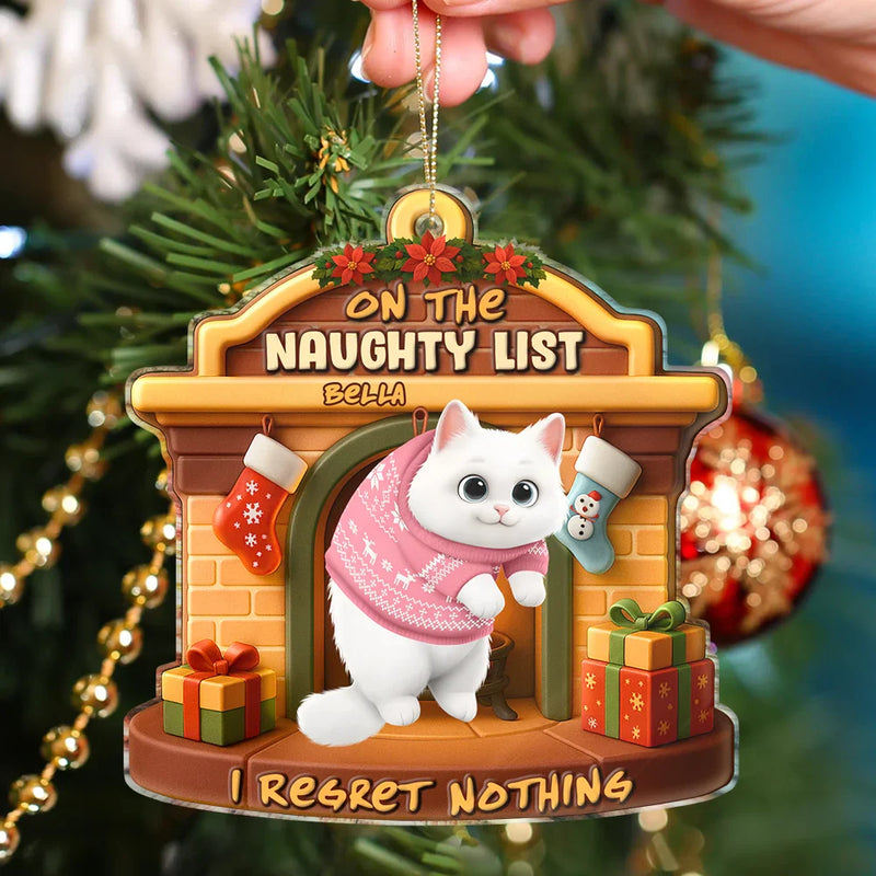 Cat Lovers,Cat Mom,Cat Dad,Cat Couple,Christmas,Top Market,Happy - On The Naughty List We Regret Nothing 3D Effect Hanging Cat - Personalized Custom Shaped Acrylic Ornament