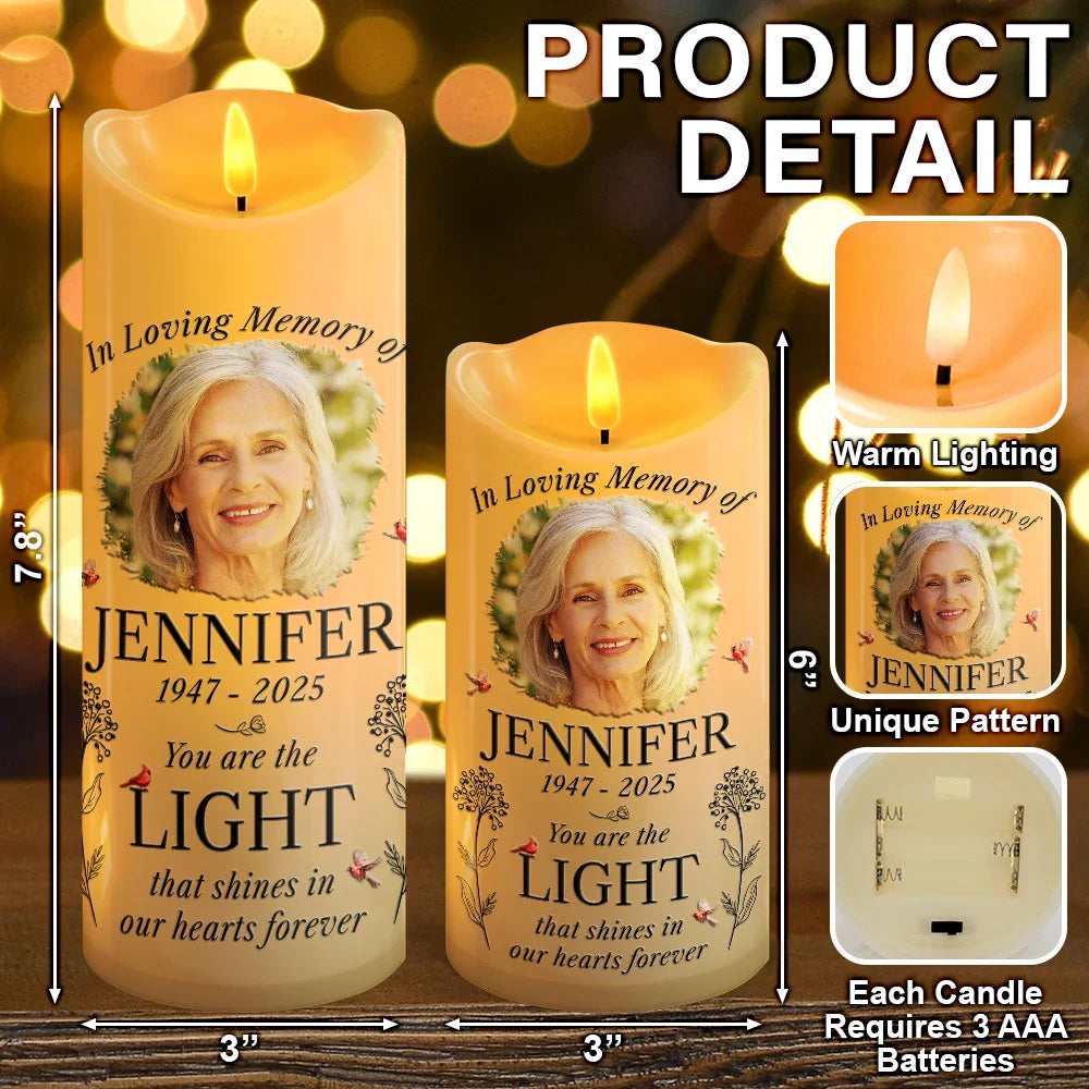 Sad,Memorial,Gift For Grandparents,Gift For Sibling,Family,Parents,Pet Lovers - Custom Photo You Are The Light That Shines Our Heart Forever Memorial - Personalized Flameless LED Candle
