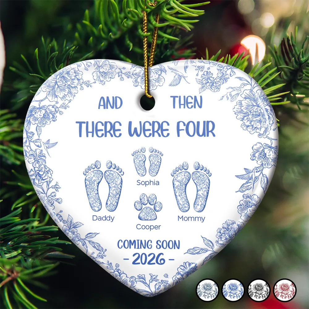 Christmas,New baby,Family,Happy - And Then There Were Toile Footprints Family - Personalized Heart Ceramic Ornament