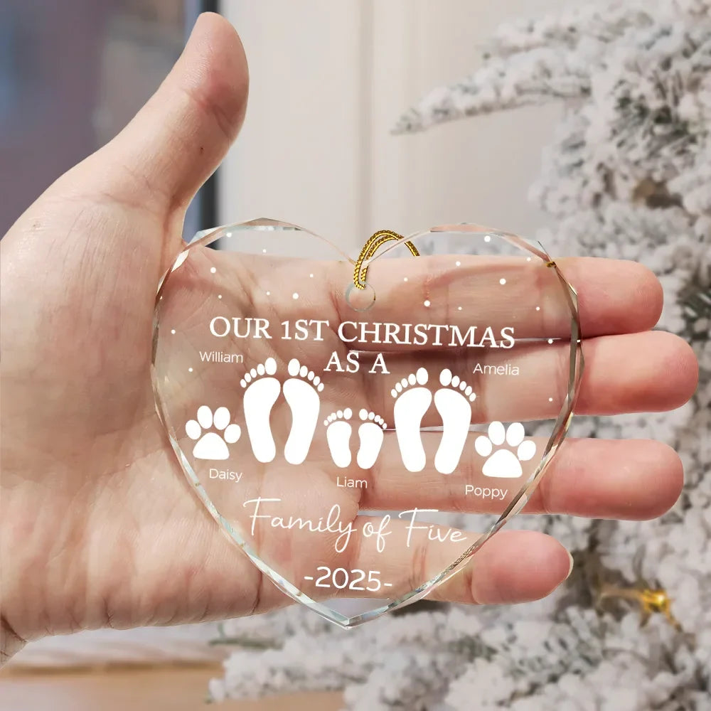 Christmas,Happy,Family,Parents,Gift For Sibling - First Christmas As A Family Of Four Footprints - Personalized Heart Shaped Glass Ornament