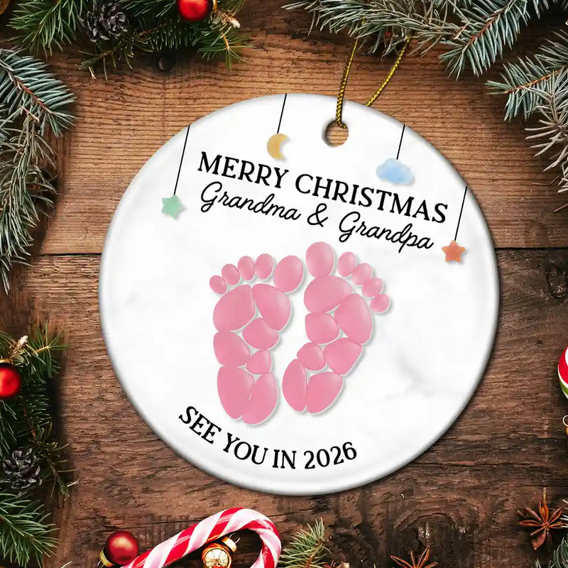 Christmas,Pregnant Mom - Baby Expecting See You In Soon Feet Stones - Personalized Circle Ceramic Ornament