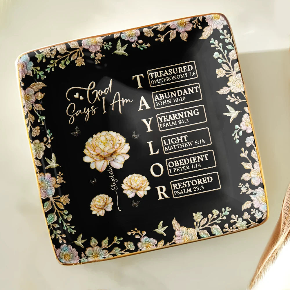 Gift For Women,Gift For Bestie,Love - Bible Verse God Says I Am Birth Flower Nacre Effect - Personalized Ring Dish