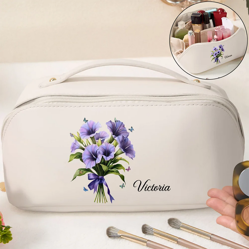 Gift For Yourself, Gift For Women, Gift For Mother, Gift For Daughter, Gift For Sisters, Gift For Bestie, Happy, Top Market - Birth Flower Bouquet - Personalized Leather Makeup Bag