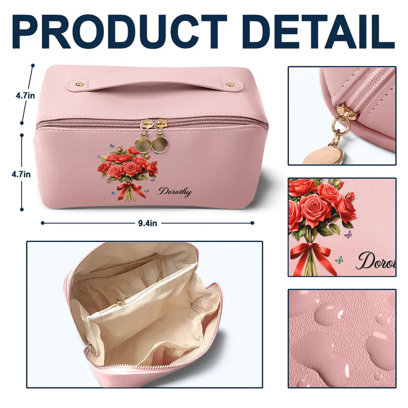 Gift For Yourself, Gift For Women, Gift For Mother, Gift For Daughter, Gift For Sisters, Gift For Bestie, Happy, Top Market - Birth Flower Bouquet - Personalized Leather Makeup Bag