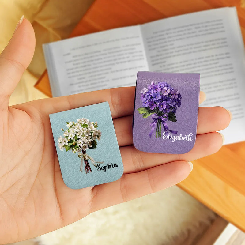 Reading, Gift For Yourself, Gift For Women, Happy - Birth Flower Bouquet Book Keepsake - Personalized Leather Magnetic Bookmark