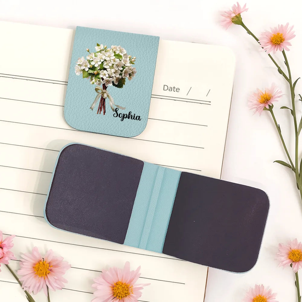 Reading, Gift For Yourself, Gift For Women, Happy - Birth Flower Bouquet Book Keepsake - Personalized Leather Magnetic Bookmark