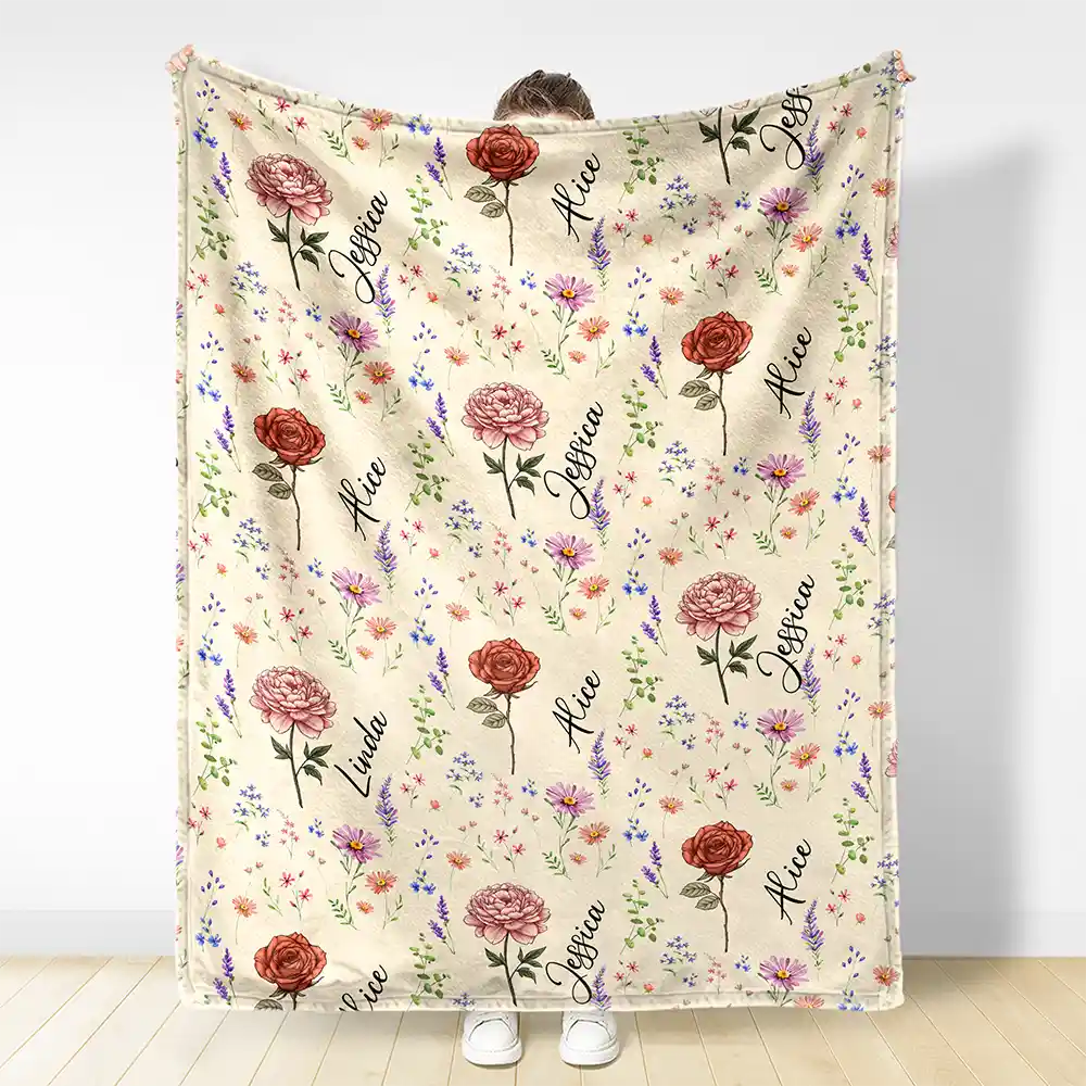 Gift For Bestie, Happy - Birth Flower Custom Name Bestie - Personalized Fleece Blanket, Sherpa Blanket