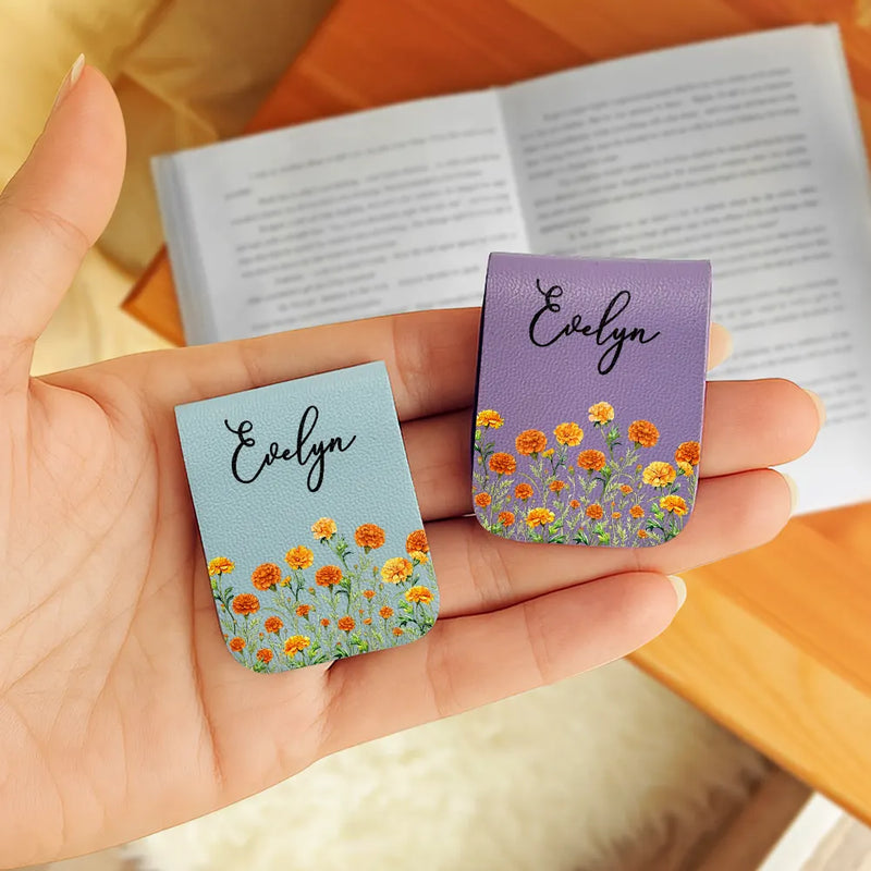Gift For Yourself,Gift For Women,Happy,Gift For Men - Birth Month Flower Watercolor Blooming In Love - Personalized Leather Magnetic Bookmark