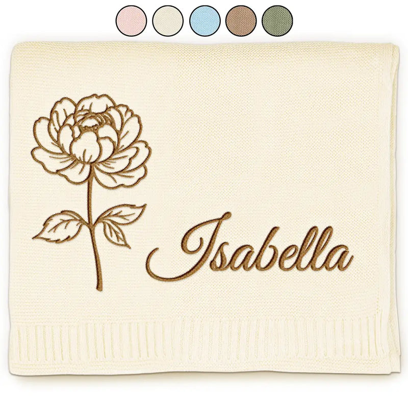 New Dad, New baby, New Mom, Love - Birth Month Flowers Sketch Baby Name - Personalized Embroidered Knitted Baby Blanket