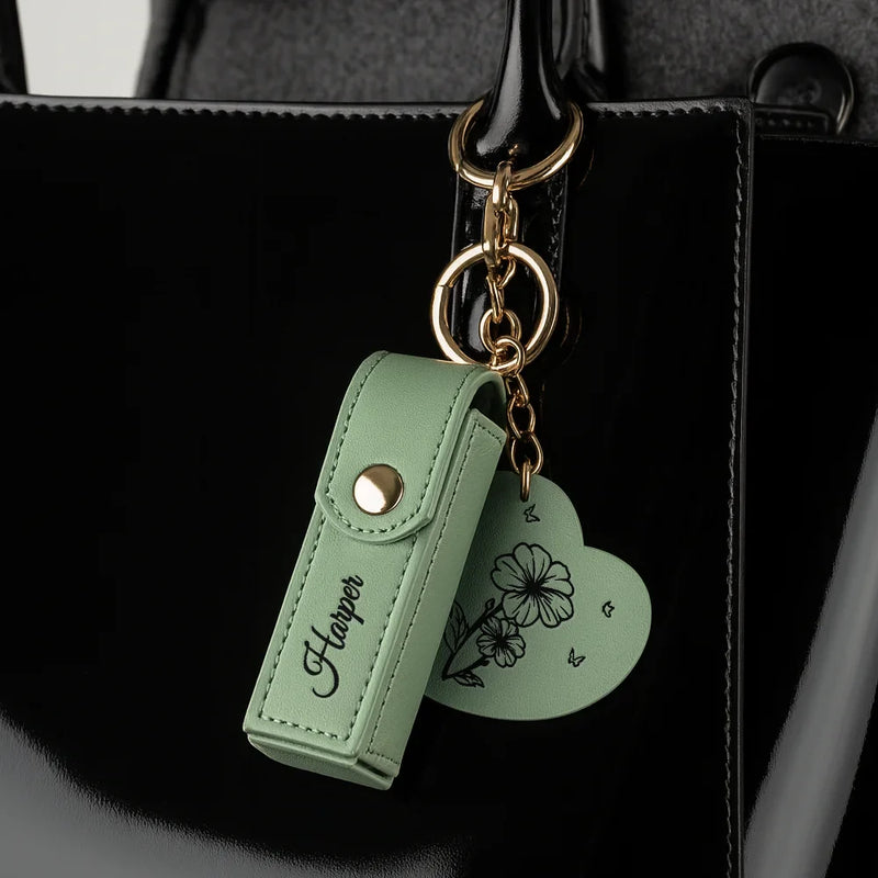 Leather Lipstick Case Keychain With Mirror - Blooming With Birth Month Flower - Personalized Leather Lipstick Case Keychain With Mirror