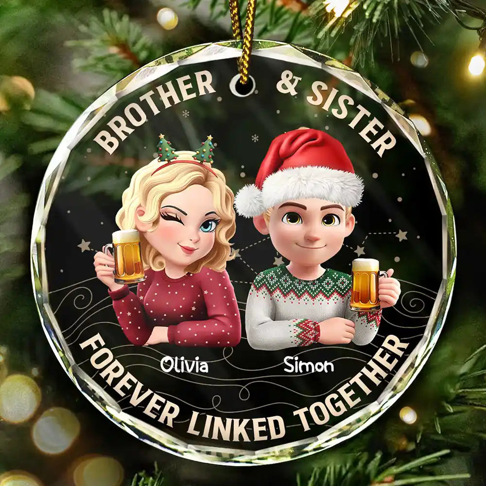 Brothers & Sisters Forever Linked Together - Personalized Circle Glass Ornament