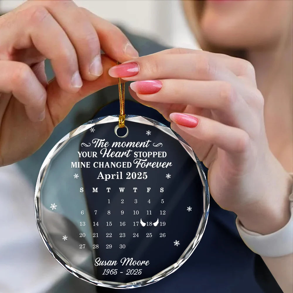 Memorial,Family,Parents,Gift For Grandparents,Sad,Christmas - Calendar The Moment Your Heart Stopped Memorial - Personalized Circle Glass Ornament