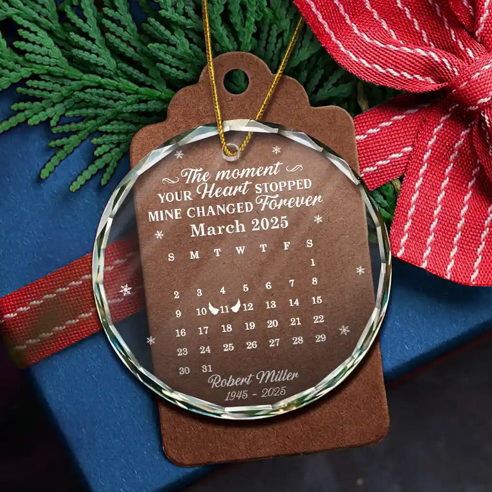 Memorial,Family,Parents,Gift For Grandparents,Sad,Christmas - Calendar The Moment Your Heart Stopped Memorial - Personalized Circle Glass Ornament
