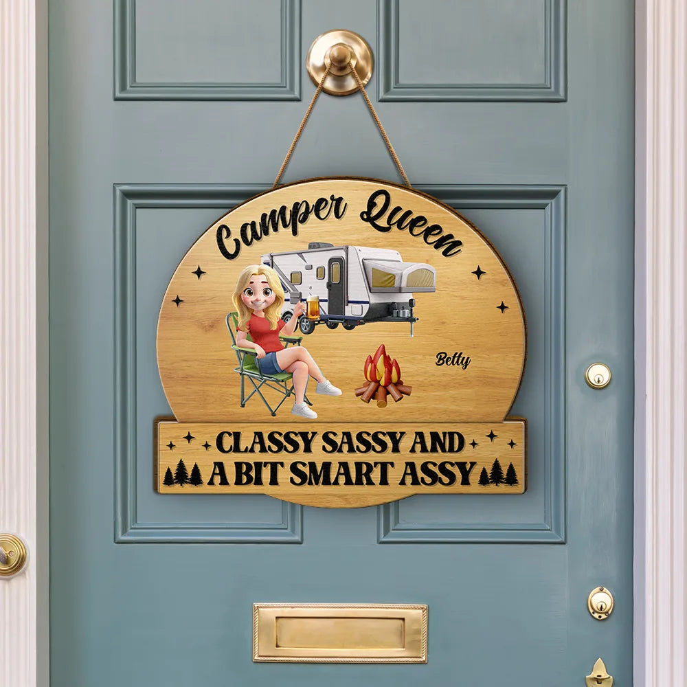 Gift For Bestie,Gift For Sisters,Camping,Happy - Camper Queens Classy Sassy - Personalized Custom Shaped Wood Sign