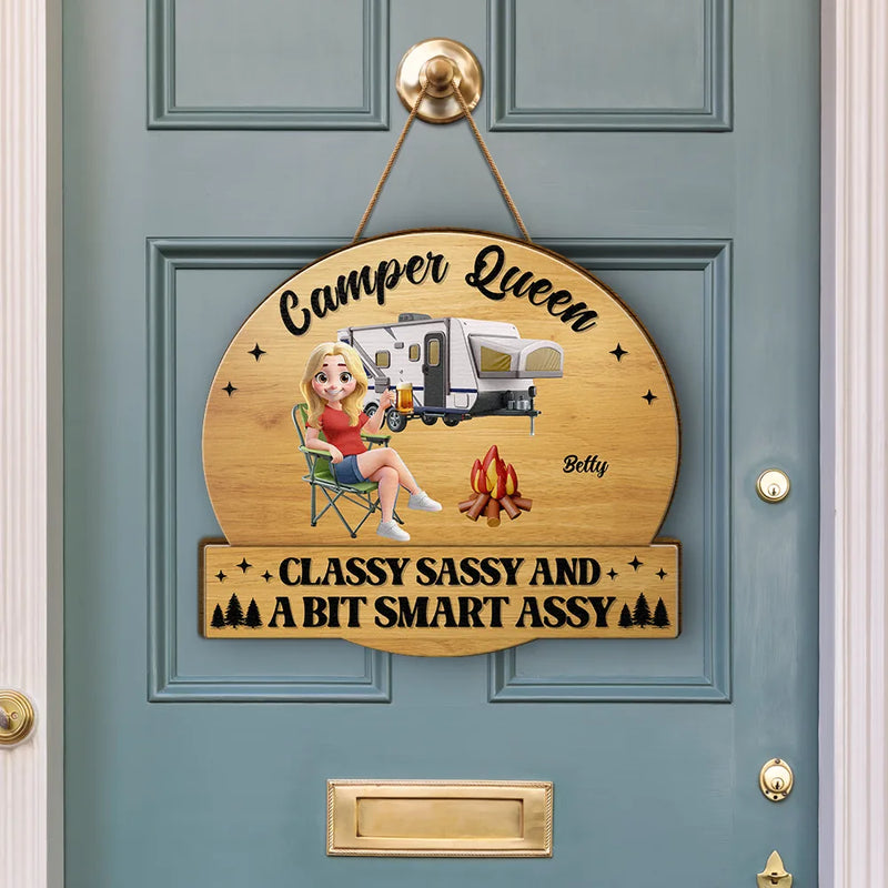 Gift For Bestie,Gift For Sisters,Camping,Happy - Camper Queens Classy Sassy - Personalized Custom Shaped Wood Sign
