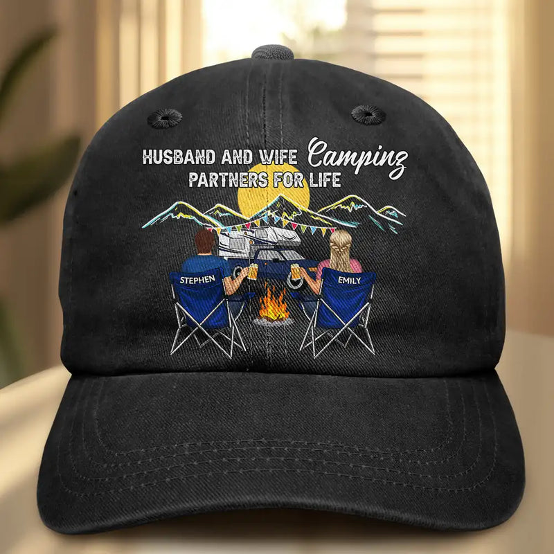 Camping,Campsite,Gift For Couples,Happy,Gift For Husband,Gift For Girlfriend,Gift For Boyfriend,Gift For Wife - Camping Partners For Life - Personalized Vintage Washed Denim Cap