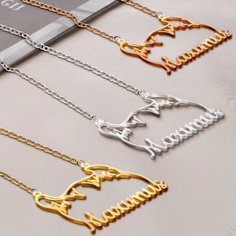 Cat Lovers,Cat Mom,Pet Lovers,Pet Mom,Love - Cat Ears Line Art With Custom Name - Personalized Letter Necklace