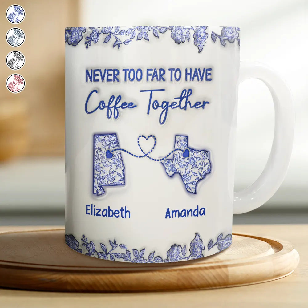 Chinoiserie Toile 3D Inflated Effect Never Too Far To Have Coffee Together - Personalized White Edge-to-Edge Mug