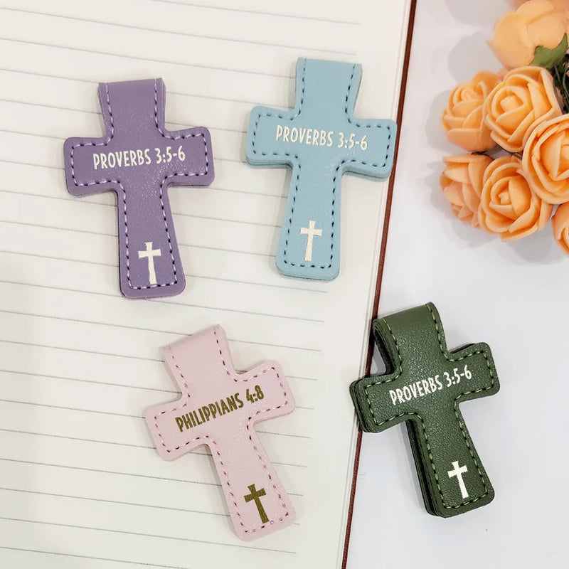Christian, Reading, Gift For Yourself - Christian Symbol With Name Bible Verse Reference - Personalized Cross Leather Magnetic Bookmark
