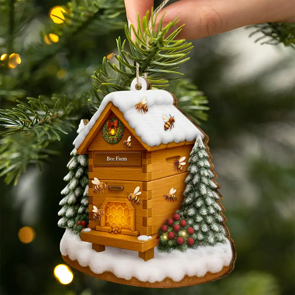Gift For Yourself, Gift For Women, Gift For Men, Happy, Christmas - Christmas Bee Farm - Personalized Custom Shaped Wooden Ornament