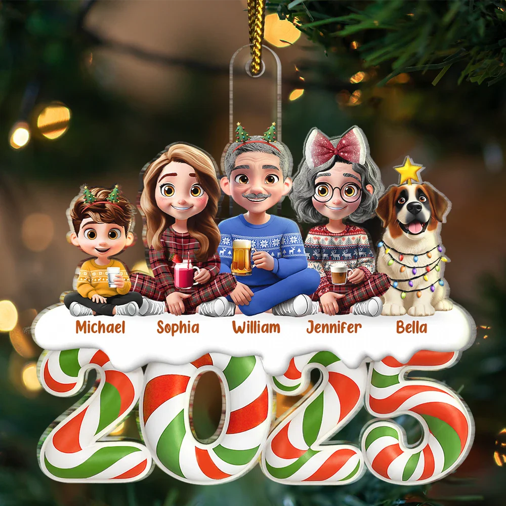 Family,Pet Lovers,Pet Mom,Pet Dad,Pet Couple,Dog Lovers,Dog Couple,Dog Mom,Dog Dad,Cat Lovers,Cat Mom,Cat Dad,Cat Couple,Happy,Christmas,Top Market - Christmas Candy 3D Effect Family Sitting - Personalized Custom Shaped Acrylic Ornament