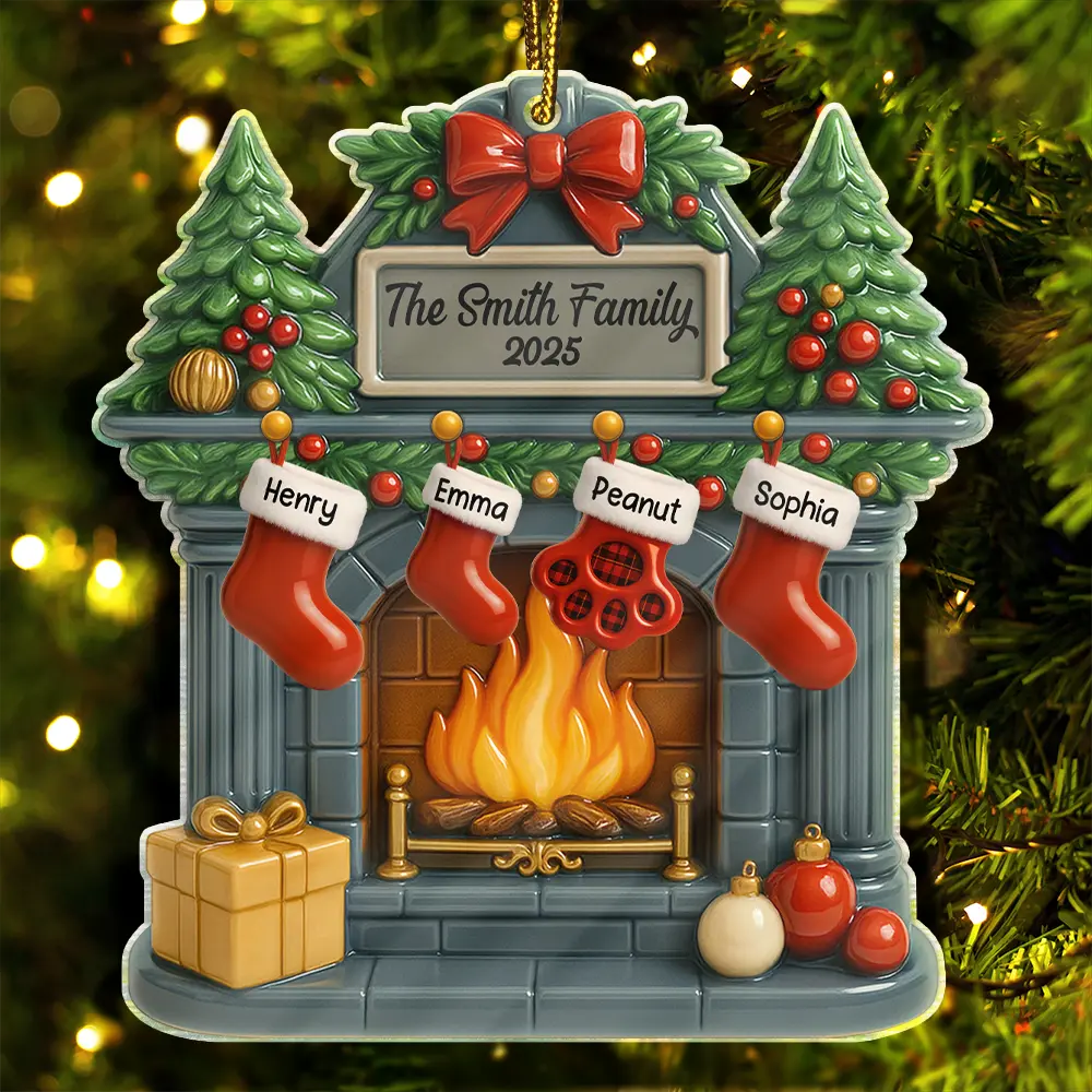 Family,Gift For Women,Gift For Men,Pet Lovers,Happy,Christmas - Christmas Fireplace Family Stockings Ceramic Effect - Personalized Custom Shaped Acrylic Ornament