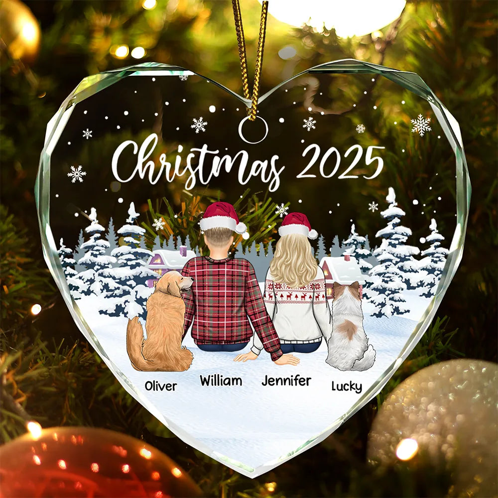 Gift For Couples,Pet Couple,Pet Lovers,Christmas,Happy - Couple & Pets Christmas - Personalized Heart Shaped Glass Ornament