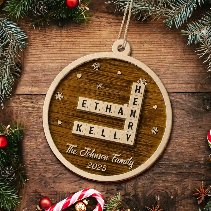 Family, Parents, Gift For Grandparents, Gift For Kids, Gift For Grandkids, Happy, Christmas, Top Market, Non-Eng - Crossword Christmas Family Name - Personalized 2-Layered Wooden Ornament