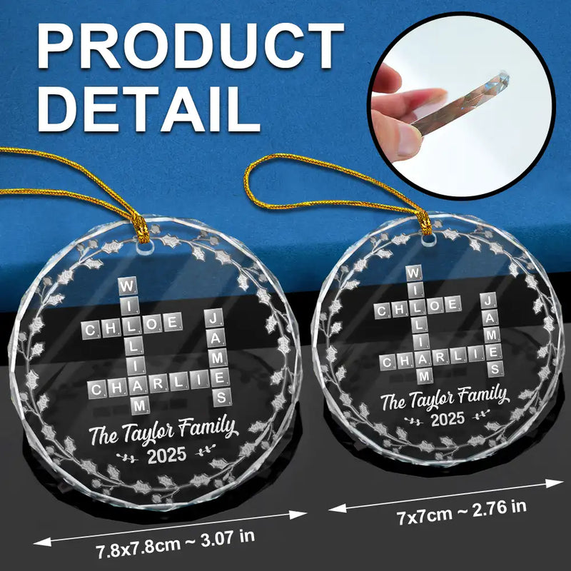Gift For Couples, Gift For Husband, Gift For Wife, Parents, Gift For Mother, Gift For Grandpa, Gift For Father, Gift For Grandma, Family, Love, Christmas - Crossword Scrabble Family Name - 3D Silver Effect Printed, Personalized Circle Glass Ornament