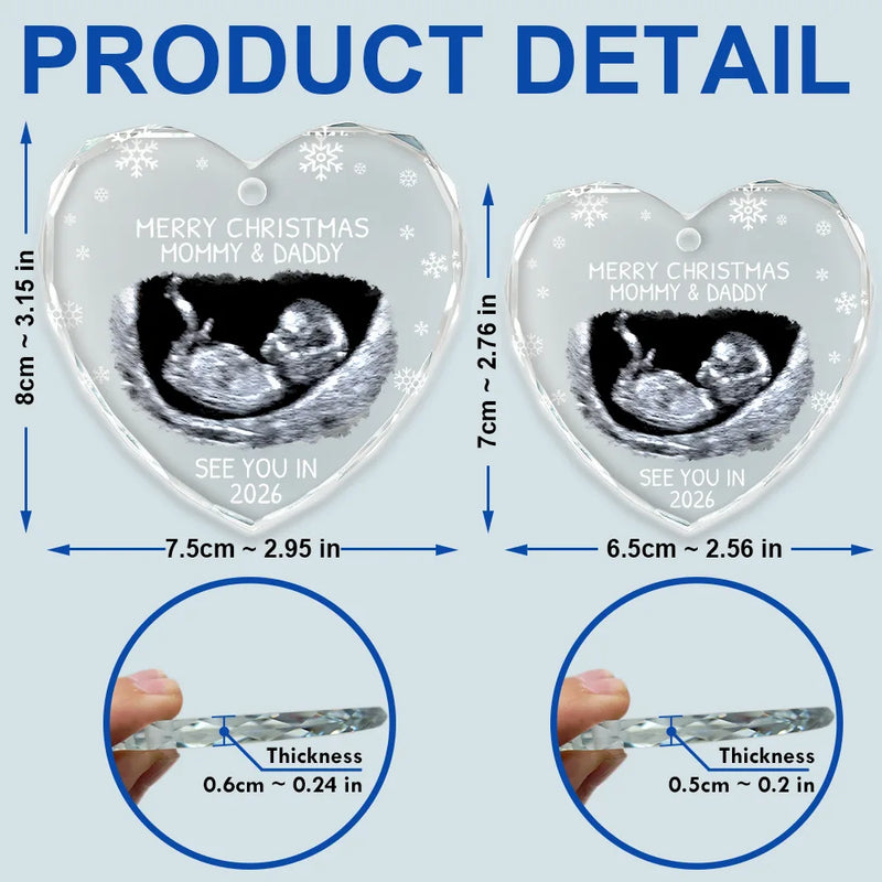 Christmas, New Dad, New baby, New Mom, Custom Photo, Happy - Custom Photo Baby Expecting See You In 2026 - Personalized Heart Shaped Glass Ornament