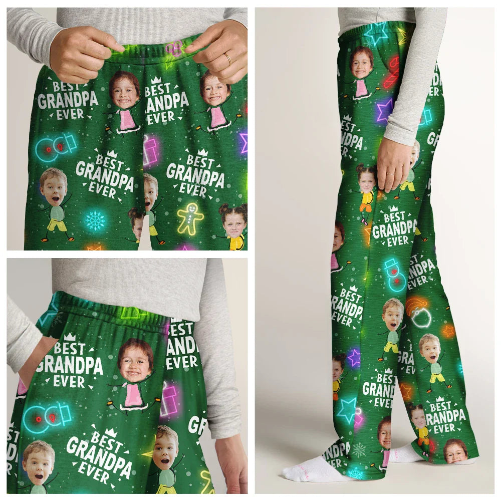 Christmas,Family,Custom Photo,Gift For Father,Gift For Mother,Happy - Custom Photo Best Dad Ever Neon Style - Personalized Pajama Pants